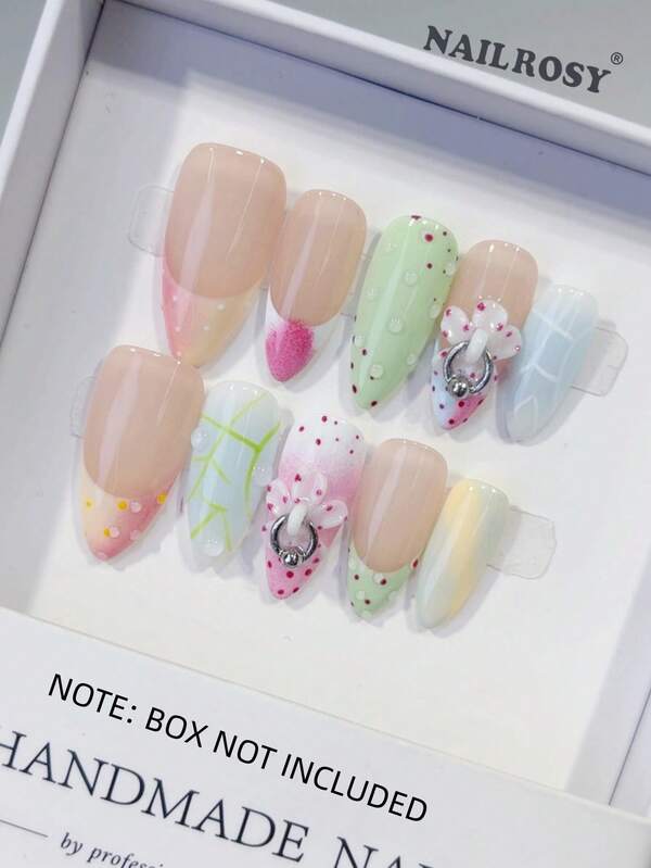 nailrosy 10 Unhas Postiças Acrílicas Artesanais Multicoloridas Verde Roxo Branco Transparente Formato Amêndoa Curtas com Design Floral 3D - Unhas Postiças para Casamento, Aniversário e Festas Y2K - Unhas Estilo Francês Fofas com Gel para Escultura de Flores - Unhas de Gel Luxuosas e Elegantes