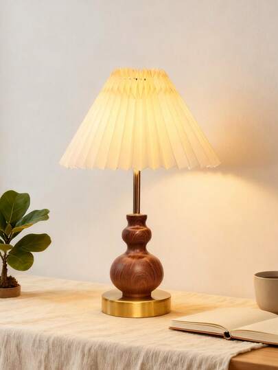 1个LED木纹金属台灯，复古褶皱布艺灯罩，柔和光线，北欧、意式风格，乡村风客厅卧室现代简约阅读学习桌灯，个性化创意简约，暖光装饰多用途暖光露营浪漫优雅氛围床头夜灯