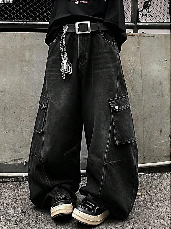 Novo produto masculino, calça jeans folgada de perna larga com bolso para boné, design lavado, ideal para todas as estações.