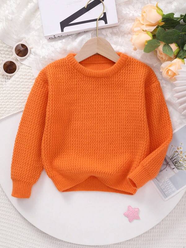 Suéter de punto de cuello redondo de manga larga de unicolor, versátil y casual, adecuado para uso diario casual o actividades al aire libre, para niña