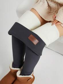 Women's Fleece Lined High Waist Leggings Winter Warm Thickened Stretchy Pants With Fashion Leather Label,Fleece Lined Leggings With Pockets - Warm High Waisted Yoga Pants For Winter Outdoor/Everyday,Warm Fleece Lined Leggings With Side Pockets - High Waisted Tummy Control Pants For Fall/Winter - 灰色 - 查看 5