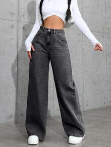 Jeans rectos de lavado claro de moda para adolescentes - Gris Oscuro - Ver 4