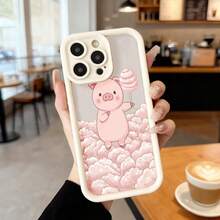 Funda de telefono con borde negro para iPhone 14 Pro Max funda rosa con estampado de cerdito caricatura sosteniendo algodón de azúcar sobre nubes suaves funda protectora para uso diario en cafeterías y salas de estar Aplicable a los teléfonos de la serie Apple y Galaxy - Negro - Ver 3