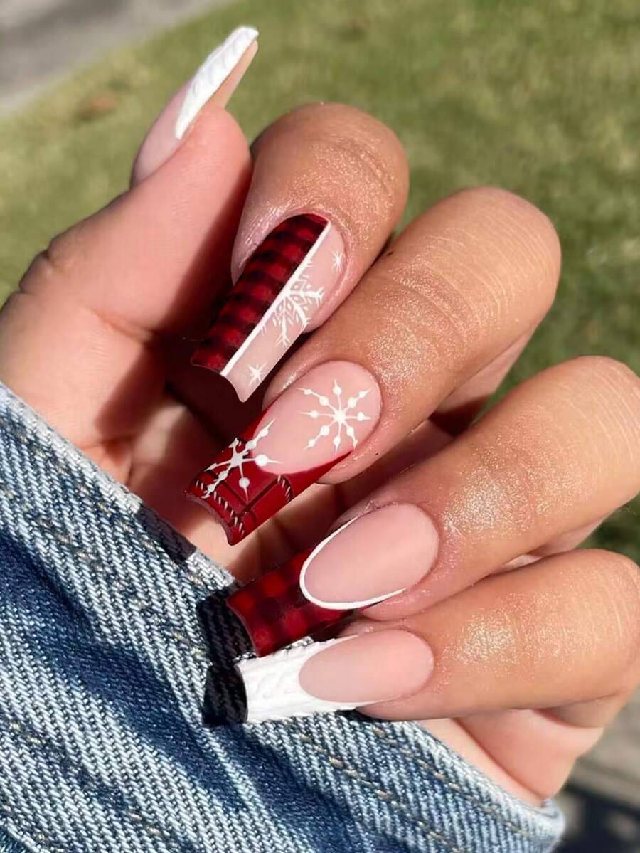 Christmas 24pcs Matte Long Coffin Snowflake Designs French Tip Press-On Nails Perfect Fit Acrylic False Nails Set, Including 1pc Jelly Glue And 1pc Nail File, Fall Nails & Sweater Nails Suitable For Party, Prom, Festival Use - Multicolor - View 1