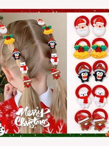 10件装圣诞发圈，女士节日发饰套装 - 圣诞老人驯鹿发圈，节日涤纶发带，女士适用，完美适用于节日派对和新年礼物