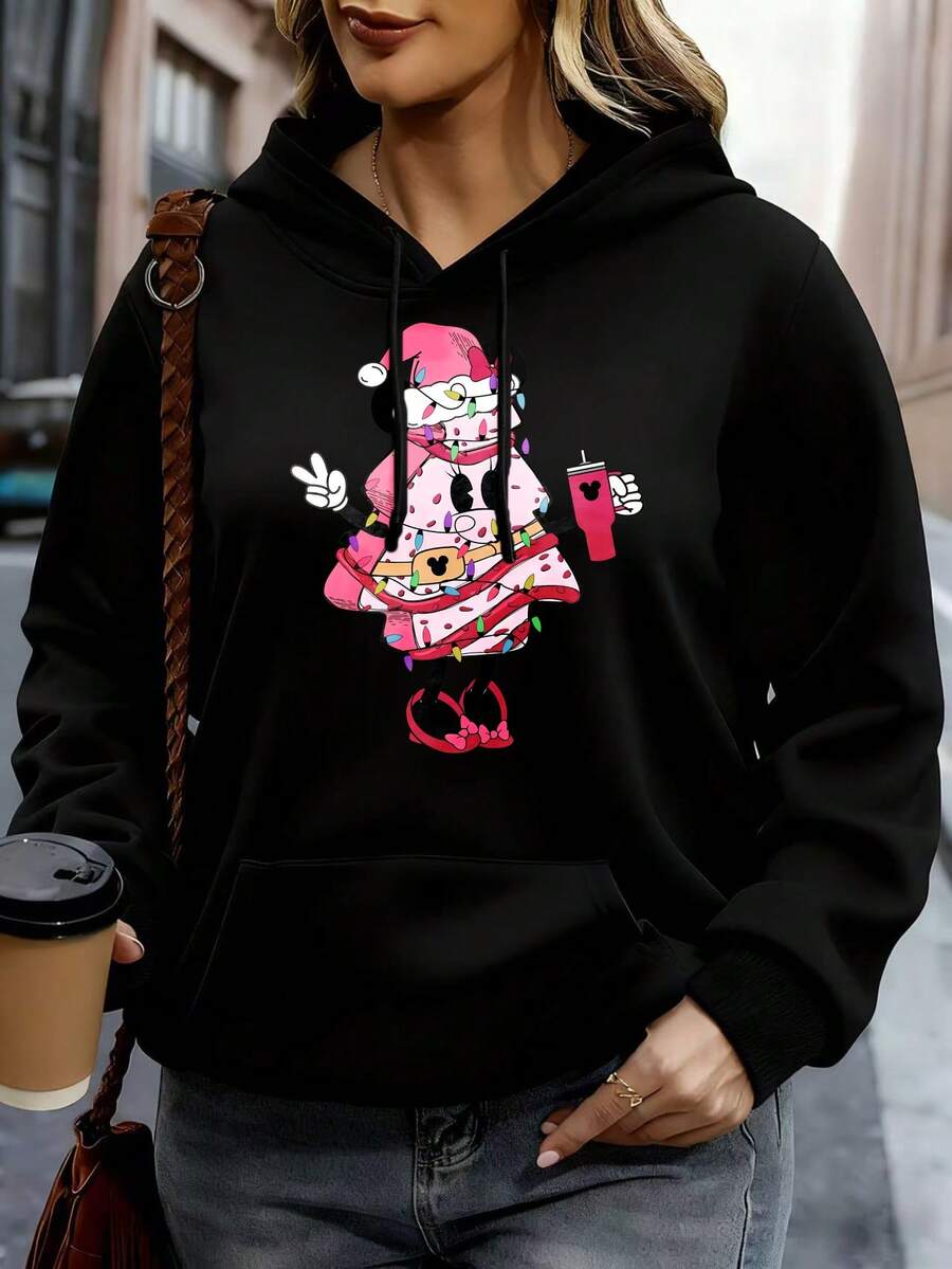 Disney Women Hoodie White Minnie Mouse Pink Doodle Print Casual Streetwear Outfit - 黑色 - 查看 1