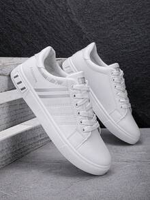 Men's White Sneakers Suitable For Sports & Outdoor, Lightweight Non-Slip Flat Shoes, Lace-Up White Shoes, Suitable For All Seasons, Students, Spring And Autumn, Low-Top Men's Shoes (Please Order One Size Up As The Size Runs Small)