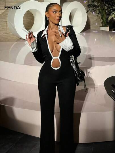 FENDAI Women's Standard Size Autumn Fashion Sexy Lapel Hollow Out Backless Contrast Color Fitted Jumpsuit, New Year Clothes, Christmas Clothes