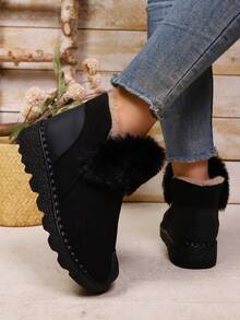 Giày bốt đi tuyết nữ có cổ lông giả 2 tông màu (Đen/Be), Giày bốt mùa đông đế dày lót nhung màu đen và xám, Giày bốt ấm áp mọi thời tiết - màu đen - Xem 4