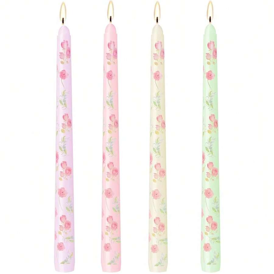 0.87*10 Inch Printed Floral Taper Candles, 4 Pack Unscented And Less Rose Candlesticks, 6 Hours Burning For Home Décor Weddings Dinner Party{Inchcolor_nameinch:InchRoseinch,Inchsize_nameinch:Inch10Inch-4Countinch} - Rose - 查看 1