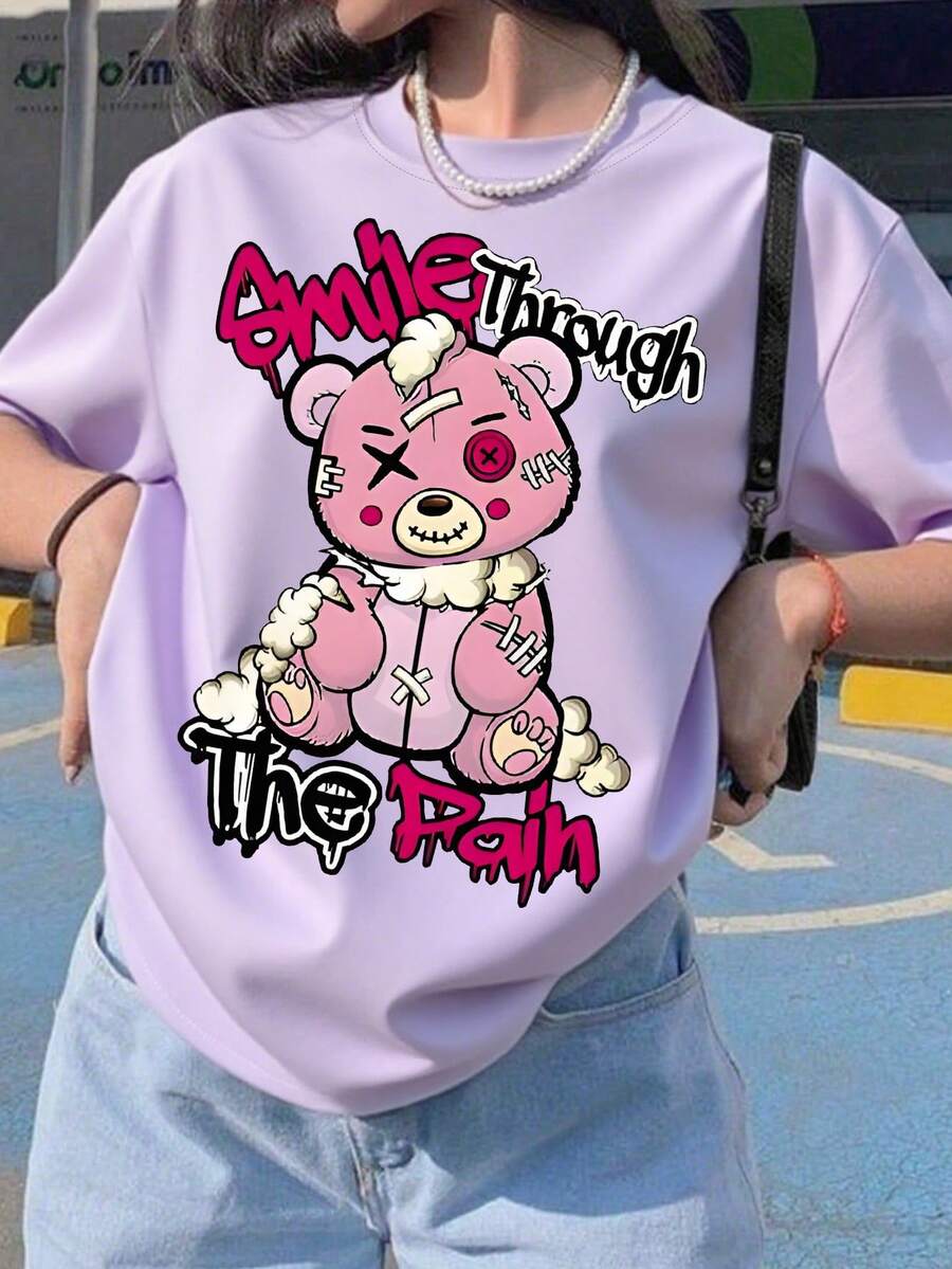 1件女童酷炫破洞小熊印花短袖T恤，柔软亲肤面料，日常休闲夏季款式 - 紫色 - 查看 1