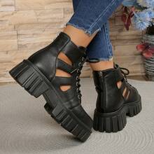 2025 New Spring/Summer/Autumn Hollow Breathable Platform Wedge Roman Sandals, Fashion All-Season Shoes With Front Lace-Up And Rear Zipper For Easy On/Off, Adjustable For Different Body Types, Multi-Functional High Wedge Heel, Suitable For Women's Daily Wear (Christmas, Holiday, Discount Day Essential) - Black - View 3