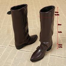 Fall/Winter Women's Niche Pointed Toe Chunky Heel Flared Shaft Boots With Belt Buckle Design, Slim Fit Over-The-Knee Motorcycle Boots