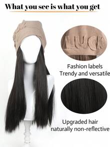 女士假发和帽子一体式设计，16英寸长直发合成假发，保暖柔软，适合秋冬季节佩戴。