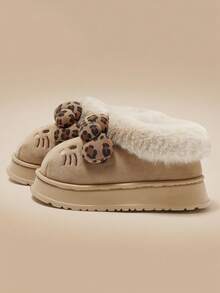 SANRIO KT Cat联名款 - 3D蝴蝶结豹纹软绒踝靴，奢华优雅女士户外雪地靴，保暖女士室内拖鞋，成人女士拖鞋，女士冬季家居鞋 - 淺咖 - 查看 3