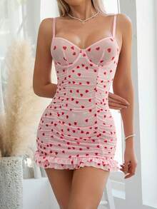 女士性感内衣套装，带衬垫钢圈文胸和花卉网纱，2件套 - 粉色 - 查看 3