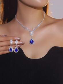 Supra Diamanto Gorgeous-Luxury Shining Bling Crystal Rhinestone Necklace Earrings Set Wedding Party Jewelry 3 In 1 - Silver - View 9