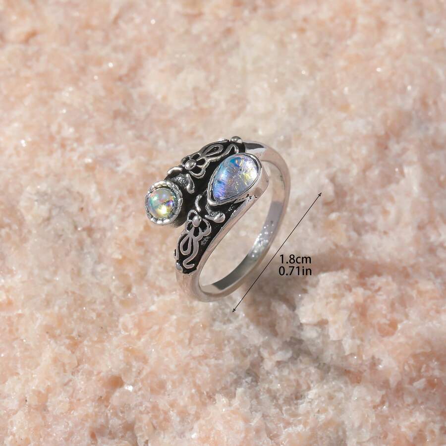 1pc Vintage Boho Moonstone Adjustable Open Ring, Spoon & Bow Knot Design - Antique Silver - View 1