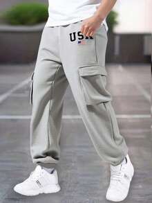 1pc Tween Boy Thick Thermal Lined Letter Print Casual Pants, Fashion Outdoor Cargo Trousers With Large Pockets, Comfortable For Autumn/Winter - Grey - View 2