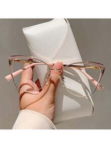 1 Pair Of Women's New Cat Eye Shaped Flat Glasses Fashionable Light Luxury Metal Frame  Retro Pink Glasses - 紅金色 - 查看 4