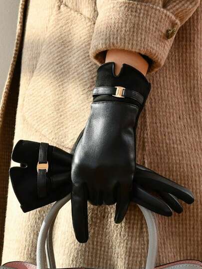 1 par de guantes de mujer de moda de piel de PU, guantes térmicos forrados resistentes al viento y con pantalla táctil para ciclismo al aire libre