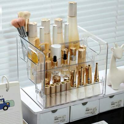 Multi-Functional Large Capacity Acrylic Transparent Cosmetic Organizer Rack, Tiered Skincare Products Display Shelf, Suitable For Dorm, Home, Makeup Bottles And Jars Storage