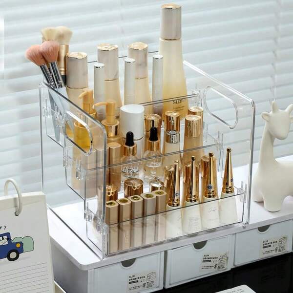 Multi-Functional Large Capacity Acrylic Transparent Cosmetic Organizer Rack, Tiered Skincare Products Display Shelf, Suitable For Dorm, Home, Makeup Bottles And Jars Storage