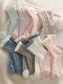 6 Pairs Fuzzy Thermal Lined Soft Cozy Plush Slipper Socks, Warm Winter Socks, Christmas Stocking Stuffers Gifts For Women, Autumn - Multi-color a - View 6