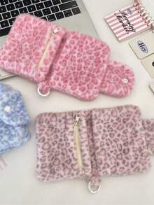 1pc Fashionable Leopard Print Coin Purse, Soft Plush Multi-Functional Foldable Coin Pouch, Cute Bluetooth Earphone Storage Bag, Multi-Pocket Pink Leopard Pattern Card Holder Wallet, Women/Girls - Multicolor - View 3