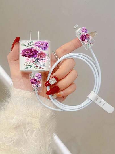 Personalized Floral Print Protective Case Compatible With Apple Data Cable, Charger, 13/14/15 Pro Max, Anti-Cat Bite