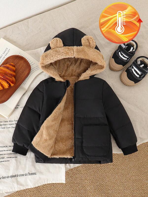 Infant/Toddler Boys' Cute Bear Ear Hooded Jacket, Plush Lining, Lightweight Warm Coat, Suitable For Baby In Cold Winter