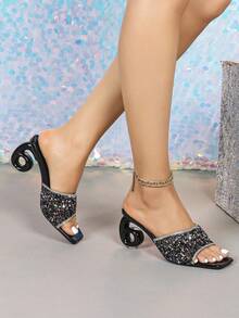 Women's High Heels. Square Toe, Fully Rhinestoned Uppers, Asymmetric Heel, Comfortable. Luxurious, Sparkling Rhinestones, Suitable For Parties, Gatherings, Balls, Shopping, Various Occasions And Festivals, Rhinestone Embellished Solid Color Beach Sandals,Spring Summer Outfits - Black - View 4