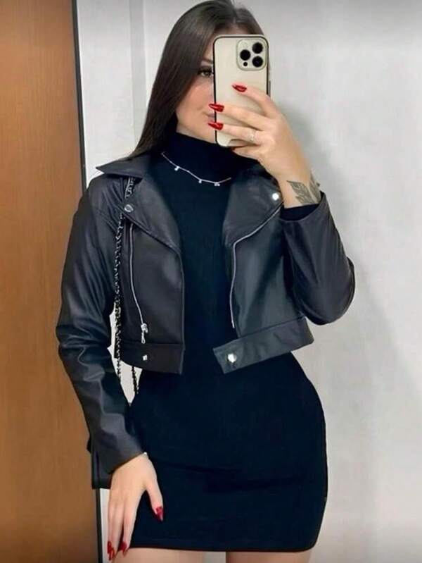 promoção Jaqueta Motociclista De Couro Sintetico Com Lapela Femiina