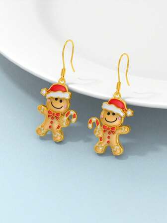 一对圣诞姜饼人吊坠耳环，优雅的圣诞礼物，送给女朋友的浪漫圣诞新年饰品