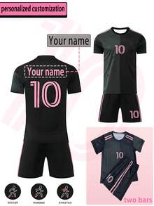 Customized Name & National Team #10 Kids/Youth Soccer Jersey Set - Polyester, Round Neck Top & Shorts, Suitable For Boys Sports Training & Casual Wear, Outdoor Perfect Choice - Black - View 2