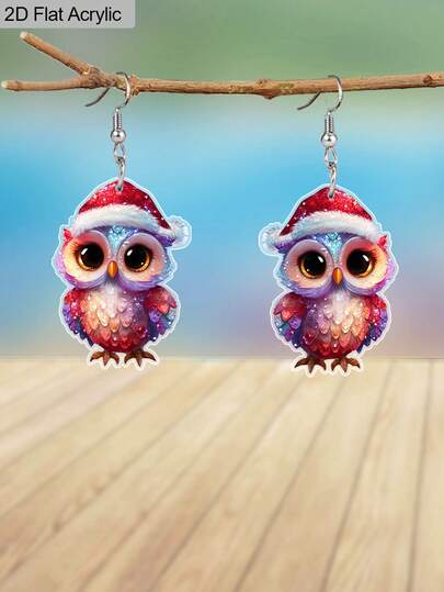 زوج من أقراط البومة الملونة الحمراء الجميلة مع قبعة سانتا كلاوس، أقراط عيد الميلاد للنساء، أقراط حفلات العطلات، هدايا عيد الميلاد للنساء