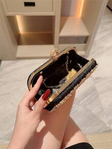 Damen Mode Herbst/Winter Samt Box-förmige Abendtasche, funkelnder Strass Dekor Abendkleid Clutch Tasche für Party, Abschlussball, Gala - Schwarz - Übersicht 6