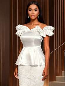 Women Valentine Chic White Glossy Off Shoulder Ruffle Peplum Elegant Top Spring Summer Weddings Party