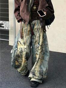 Unisex American Vintage Washed Embroidered Jeans Street Loose Wide-Leg Pants - 藍色 - 查看 1