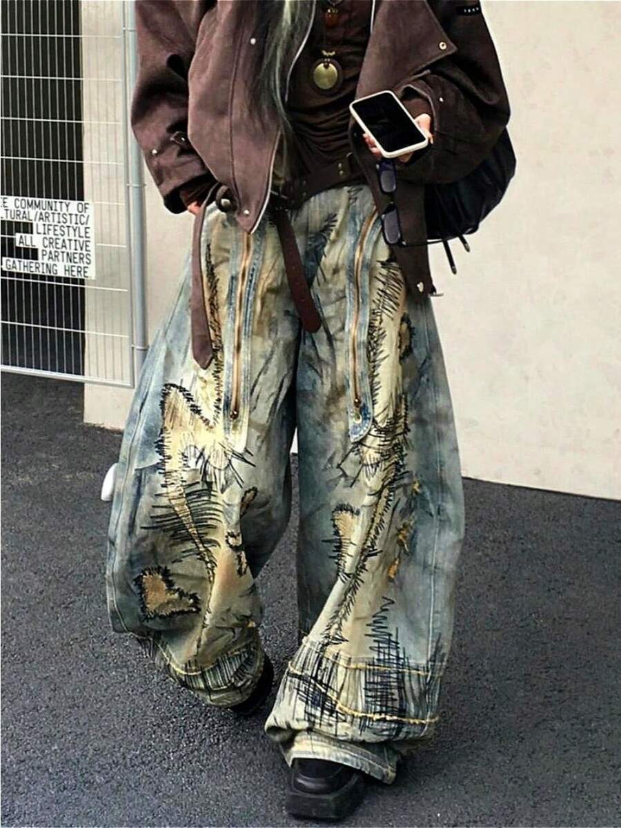 Unisex American Vintage Washed Embroidered Jeans Street Loose Wide-Leg Pants - 藍色 - 查看 1