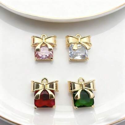 3pcs Elegant Copper Micro-Zirconia Inlaid Single Pendant, Square Bowknot Pendant, Suitable For Handmade DIY Jewelry Making, Necklace, Bracelet, Earring, Bag Chain, Keychain, Zipper Decoration