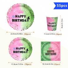 Green & Pink Crown "Happy Birthday" Disposable Plate, Napkin, Cup Set, Serves 10 Guests, Disposable Paper Plates Party Supplies Suitable For Birthday, Wedding, Party, Family Picnic - Multicolor - View 2