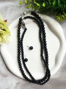 1 Set Of Grey, Pearl White, Black High-End Luxurious Pearl Necklace & Earrings, French Retro Jewelry For Valentine's Day, Wedding, Mother's Day