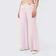Plus Size Light Pink Star Pattern Flare Pants, Soft Fabric Elastic Waist,  Casual Daily Wear Trousers For Women - 粉色 - 查看 3