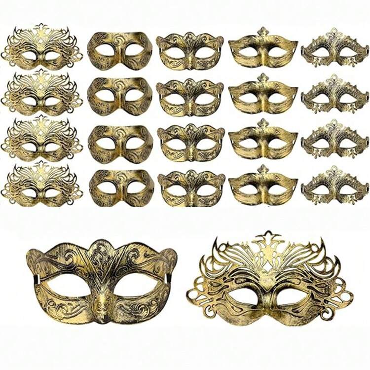 一套20个男女通用的化装舞会面具，威尼斯面具，罗马复古面具，适合圣诞节、狂欢节、生日、宴会、节日派对等场合的服装搭配。 - 彩色 - 查看 1