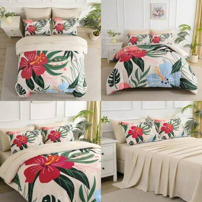 7 Piece Bed In A Bag Queen Size Comforter Set Beige Bedding SetPink Floral Green Leaves Pattern Reversible Design Soft Microfiber Comforter With Sheet Set All Season Beige Queen