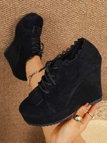 Giày cao gót đế xuồng buộc dây thời trang, đế dày mới, đơn giản, dành cho mùa xuân/thu, ngoài trời, cỡ lớn dành cho nữ - màu đen - Xem 6