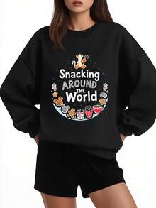 Disney Sweatshirt Black Snacking Around The World Mickey Mouse And Global Snacks Print Casual Wear For Everyday Use - 黑色 - 查看 1