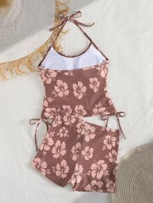2pcs Floral Print Spaghetti Strap Tankini Swimsuit Set, Elegant Sexy Beach Vacation Style, Summer - Multicolor - View 3