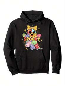 Schweres Kapuzen-Sweatshirt füränner und Frauen - SüßGeisterfledermaus-Muster und GRUSELIGE Buchstaben, dicker warmer Pullover mit Kängurutasche, Gothic-Stil Rand, geeignet für Halloween-Kostüme, Herbst- und Winter-Freizeitkleidung und Spieltag-Outfits (Unisex) - Bequeme Fa - Schwarz - Übersicht 1